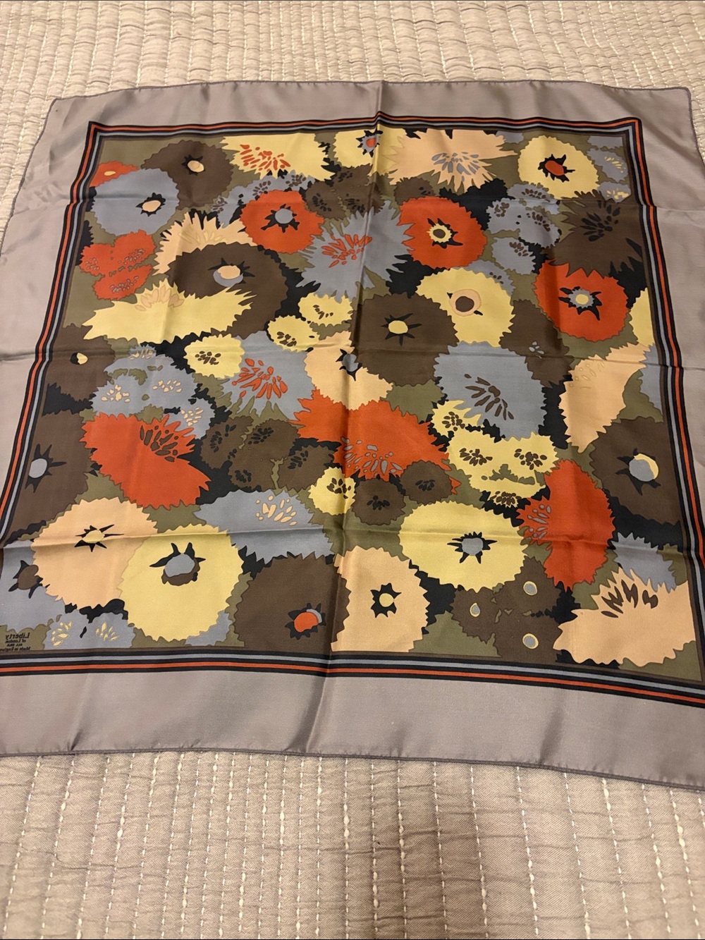 Vintage Liberty of London Floral Silk Scarf in Gray, Yellow, Orange, Blue,Brown - Picture 7 of 7